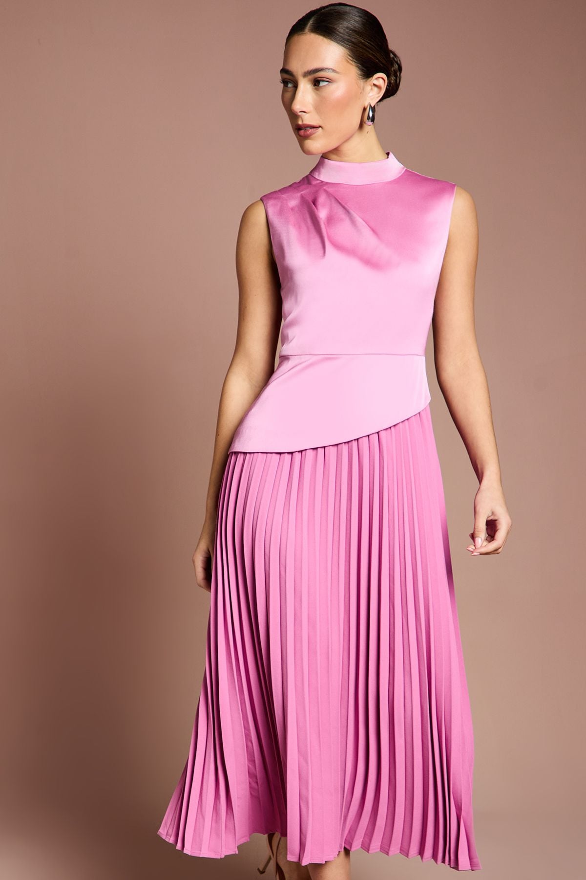 Coast Drape High Neck Pleated Skirt Midi Dress Pink image 2