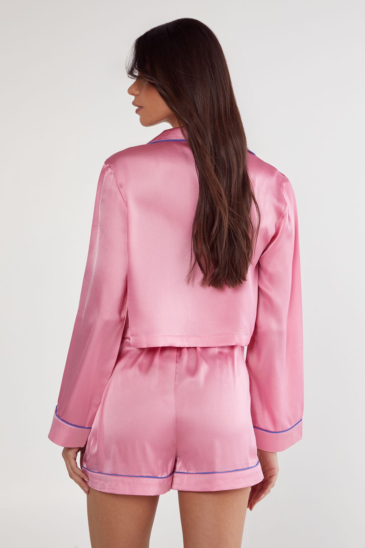 NastyGal Satin Contrast Pipping Tie Front Shirt And Pajama Shorts Set Pink image 3