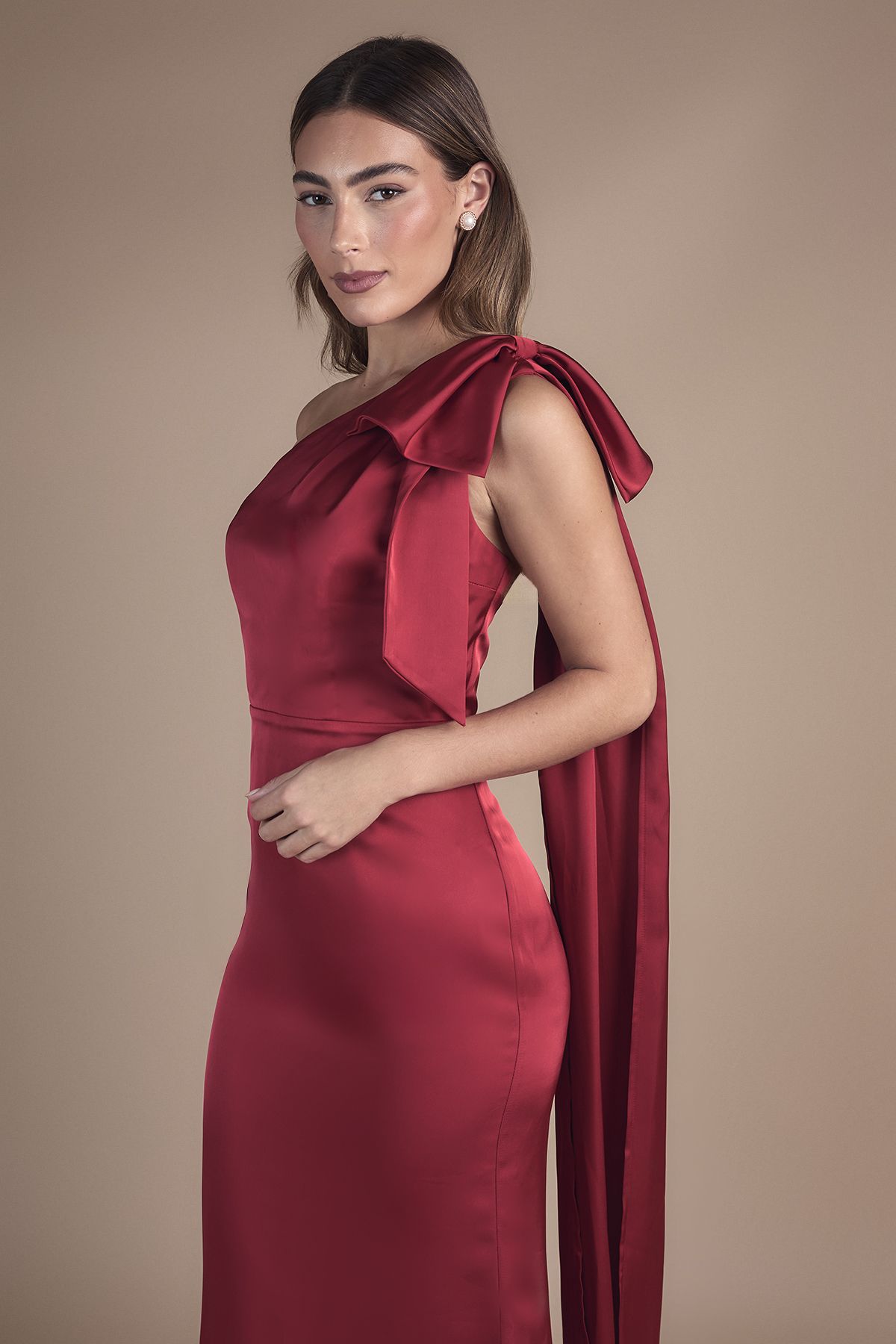 Coast Bow And Drape Detail One Shoulder Satin Bridesmaid Dress Red image 2