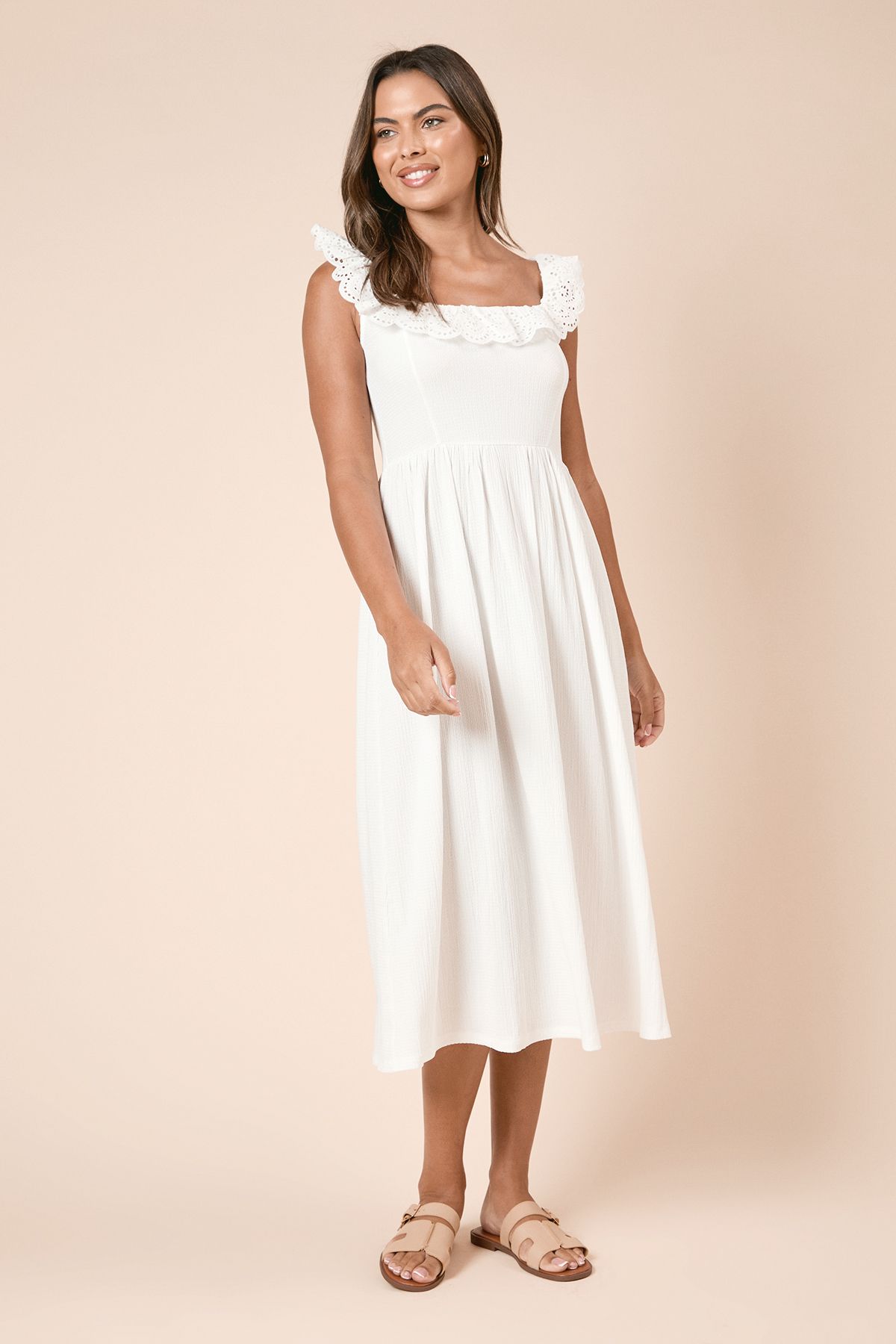 Dorothy Perkins Broderie Sleeve Jersey Midi Dress Ivory image 1