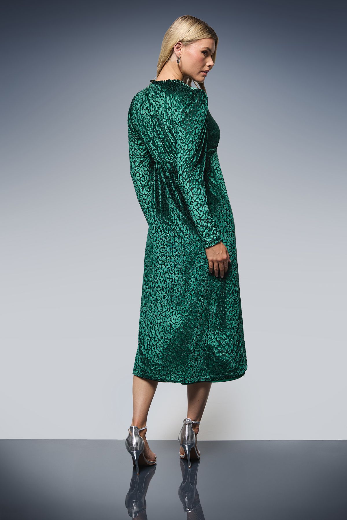 Dorothy Perkins Leopard Burnout Long Sleeve Midi Dress Green image 3