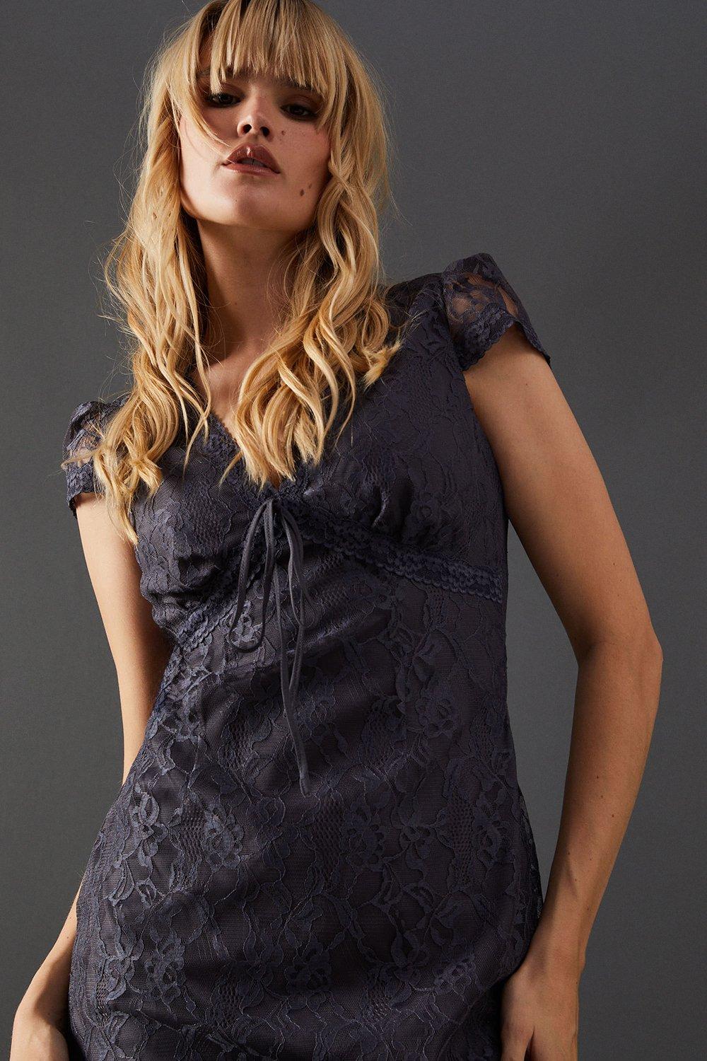 Warehouse Lace Cap Sleeve Bow Front Midi Tea Dress Charcoal image 4