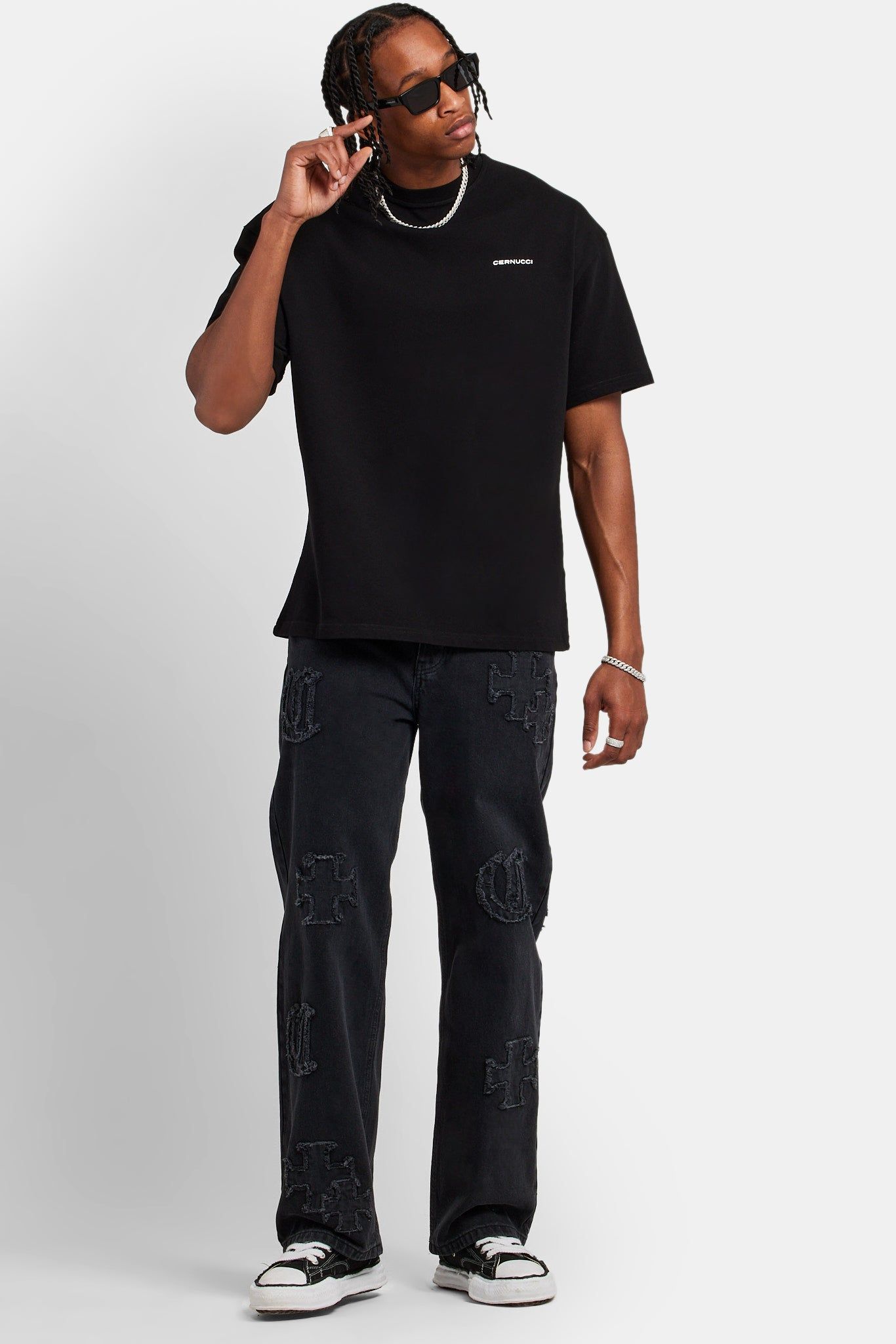 Cernucci Baggy Raw Edge Applique Jeans - Washed Black image 2