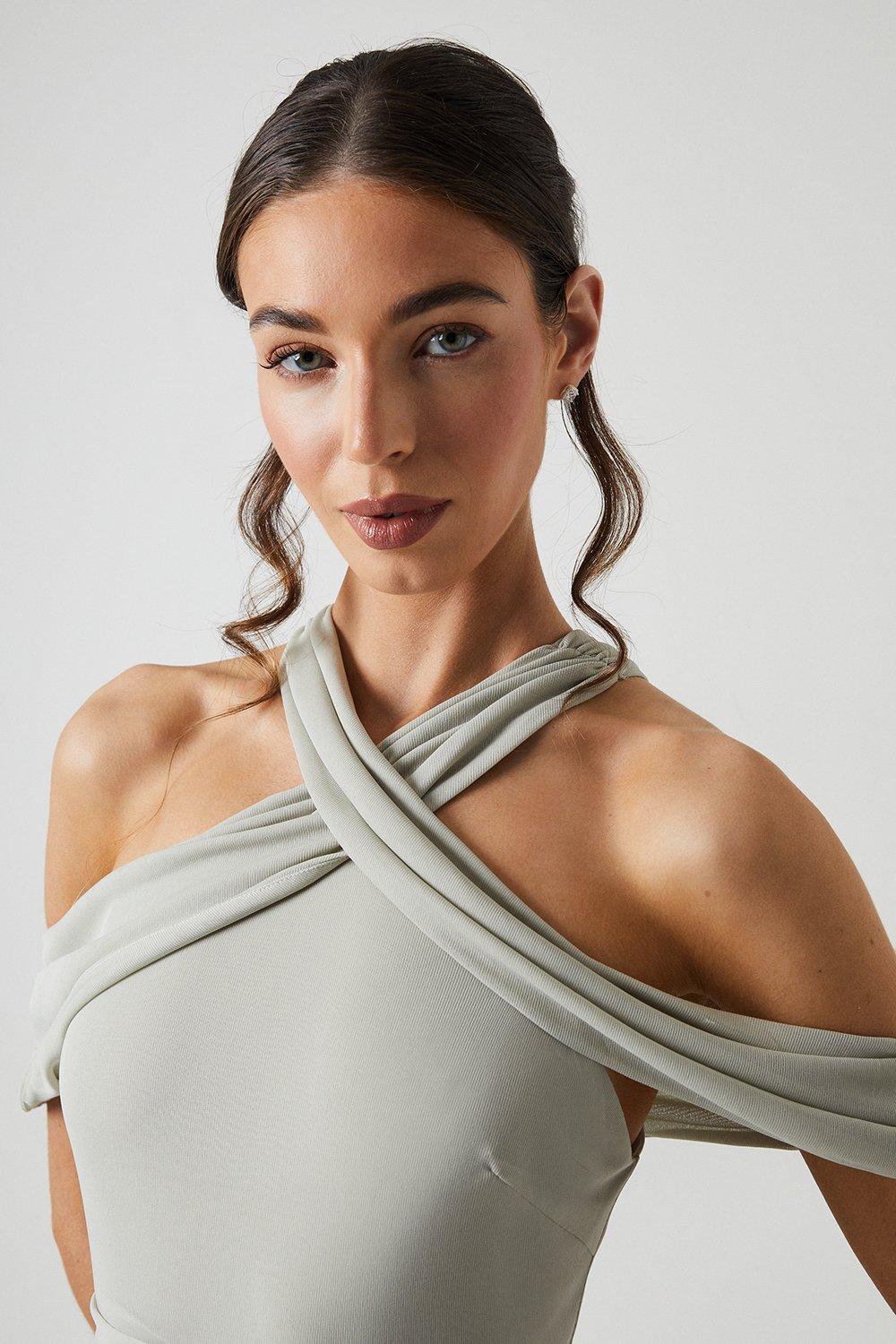 Coast Cross Neck Cold Shoulder Stretch Mesh Bridesmaid Dress Sage image 4
