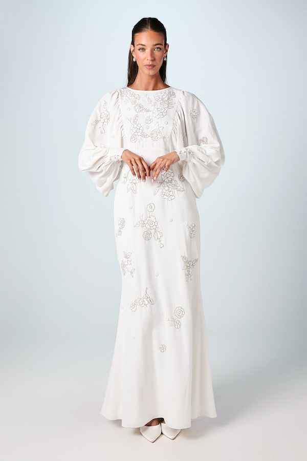 Coast Premium Beaded Floral Embellished Long Sleeve Wedding Dress Ivory