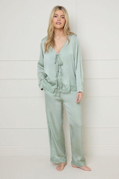 Oasis Satin Wide Fit Lace Trim Pyjama Set Sage