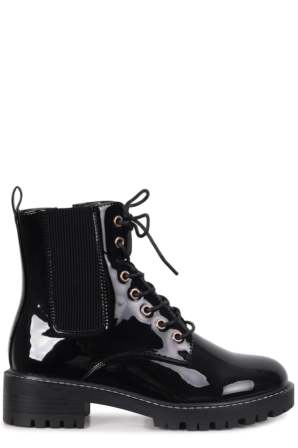 Linzi Layna Black Faux Patent Military Boot