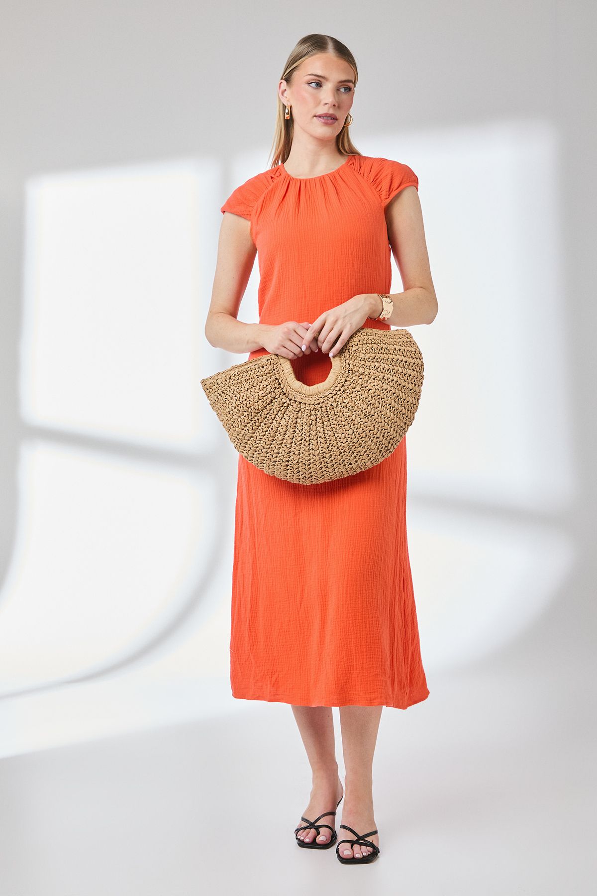 Principles Orange Short Sleeve Gauze Column Midi Dress Orange