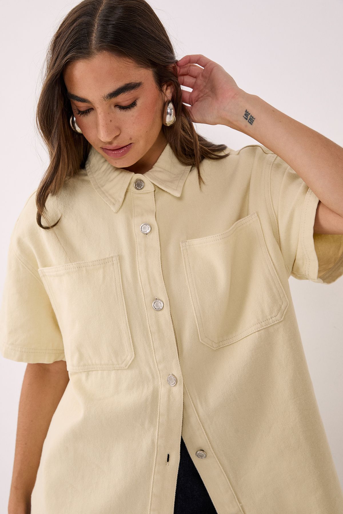 NastyGal Denim Short Sleeve Oversized Shirt Ecru image 3