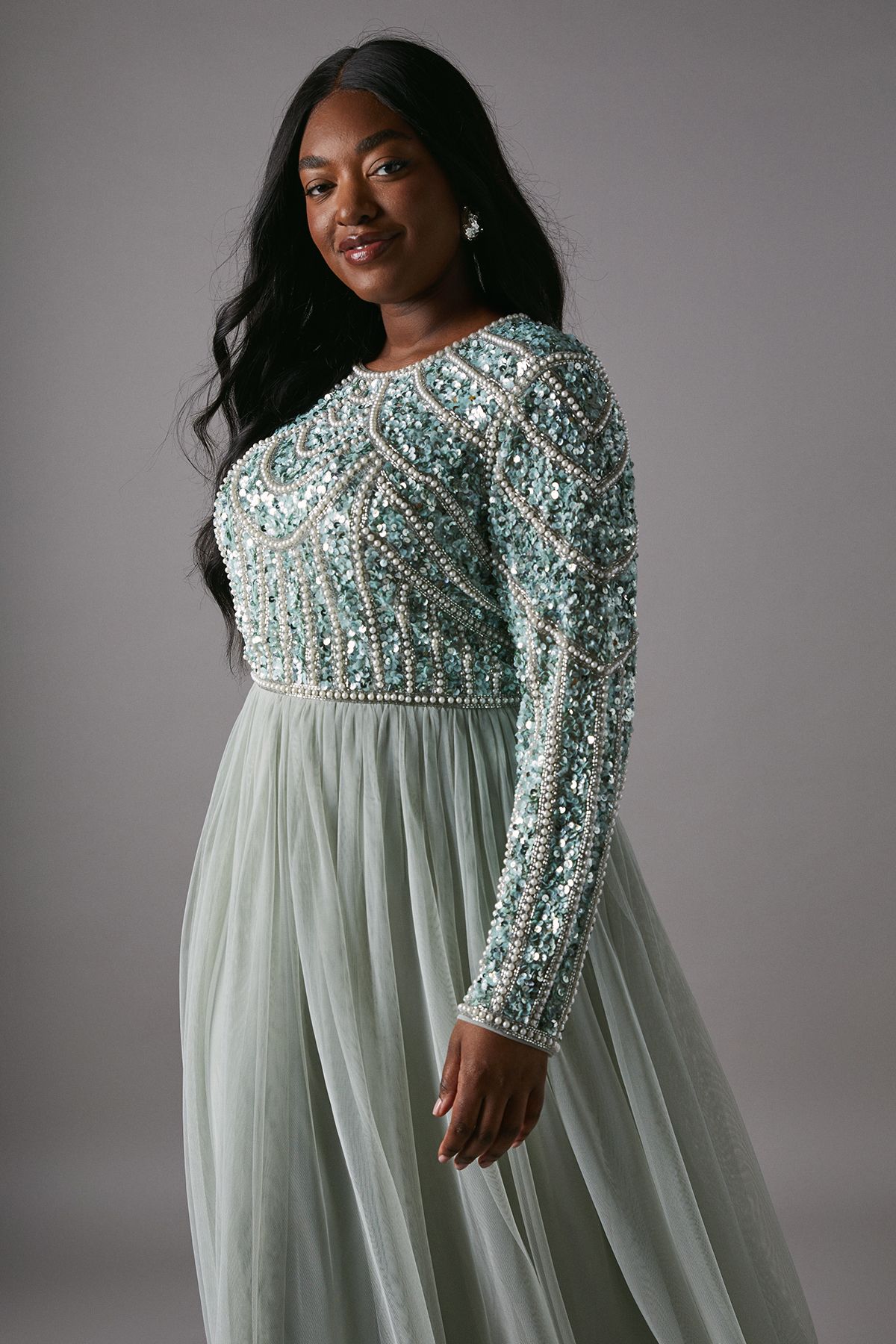 Coast Plus Size Pearl Embellished Bodice Bridesmaid Tulle Skirt Dress Sage image 3