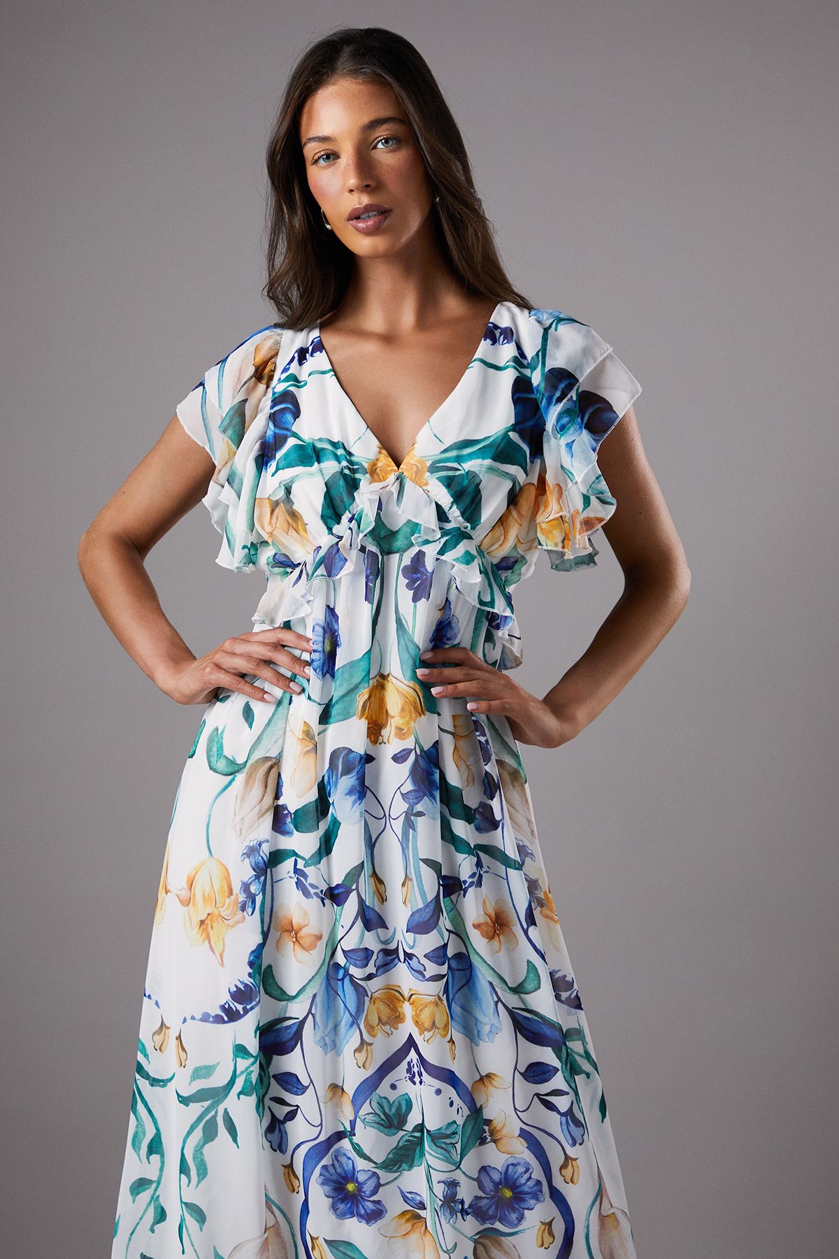 Coast Sleeveless Chiffon Maxi Dress With Pleat Detail And Frill Sleeve White image 2