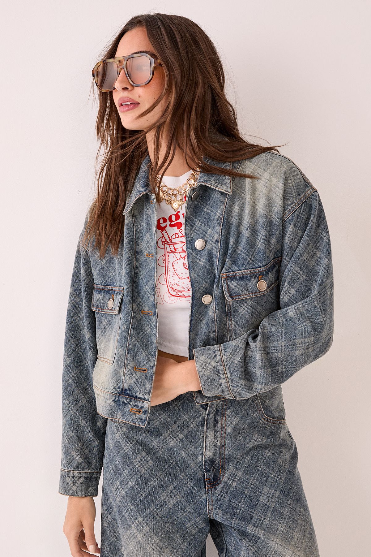 NastyGal Check Denim Distressed Jacket Authentic Midwash image 1