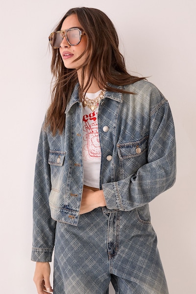 NastyGal Check Denim Distressed Jacket Authentic Midwash