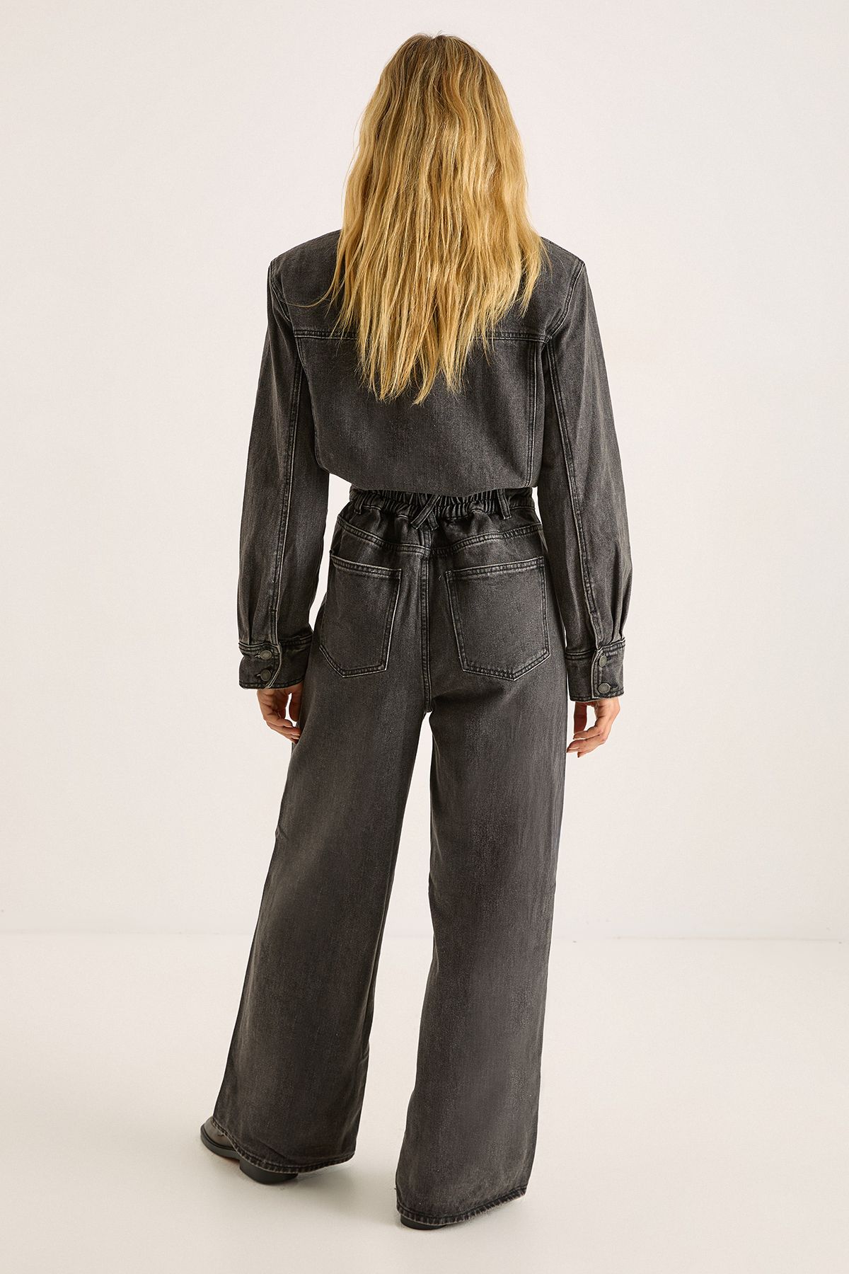 NastyGal Denim Shoulder Pad Boilersuit Washed Black image 4