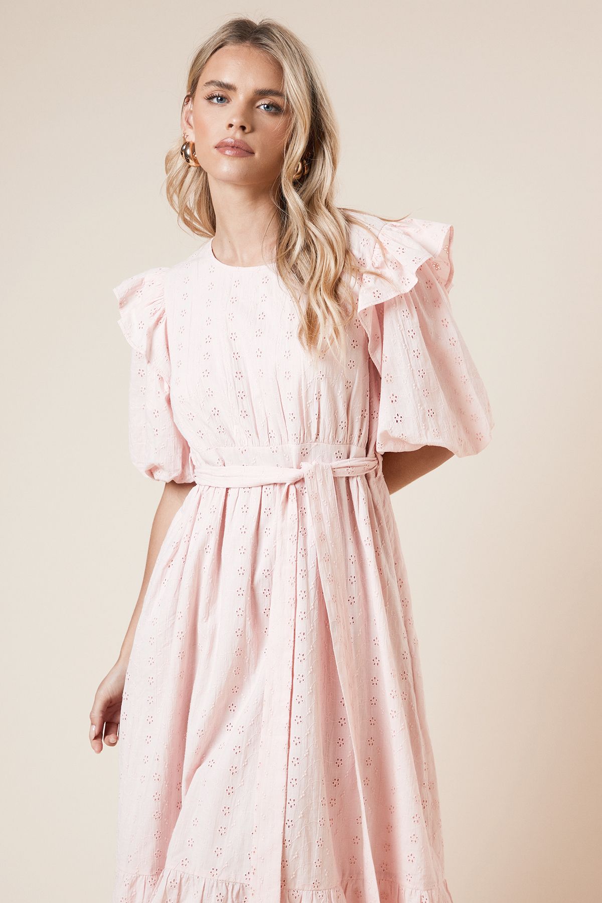 Dorothy Perkins Petite Cutwork Ruffle Puff Sleeve Midi Dress Pink image 2