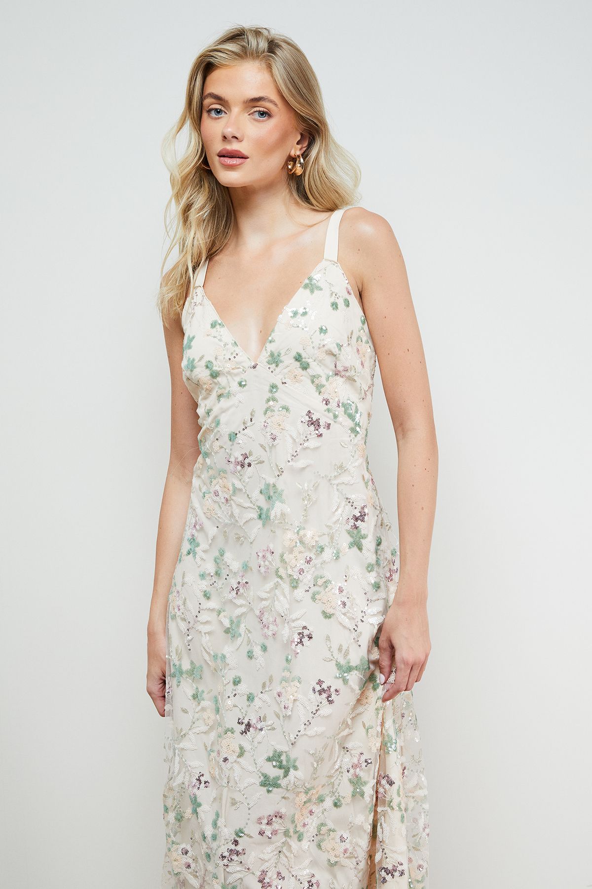 Oasis Hand Embellished V Neck Midi Dress Ivory image 2