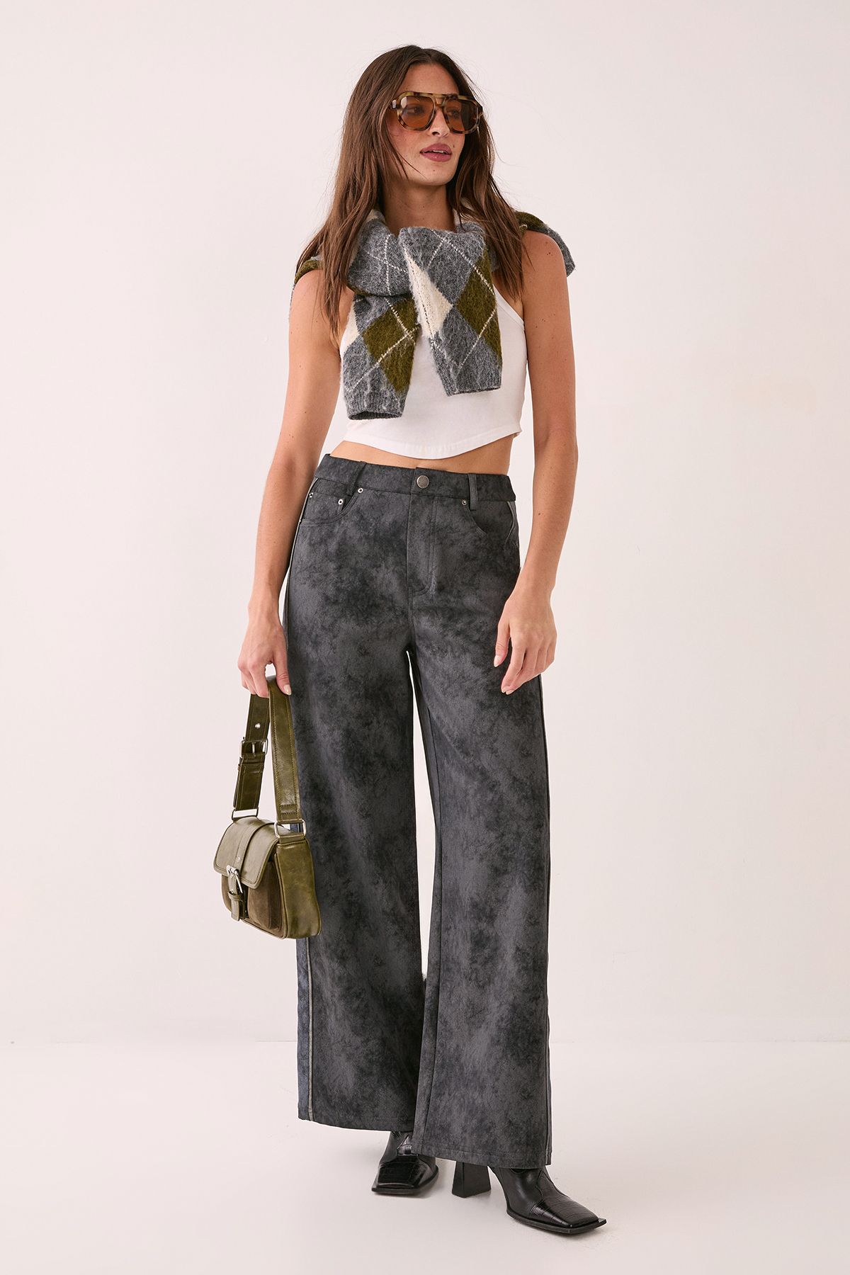 NastyGal Distressed Faux Leather Panelled Trouser Charcoal
