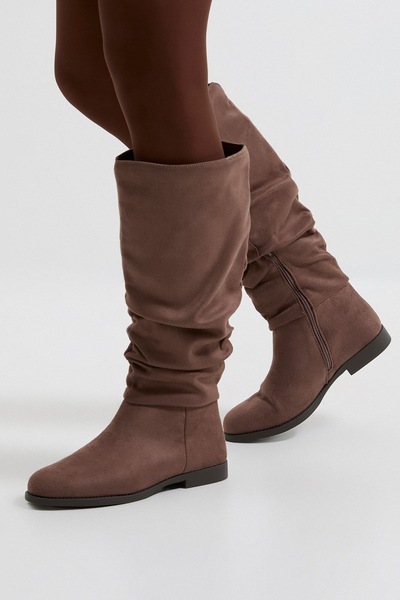 Dorothy Perkins Karina Faux Suede Flat Knee High Ruched Boots Taupe