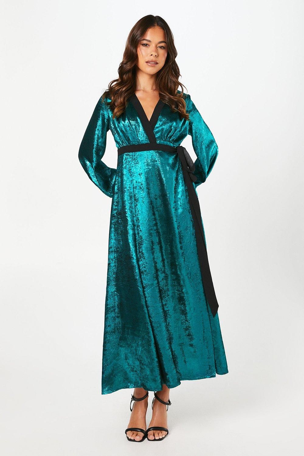 Coast Petite Party Metallic Long Sleeve Wrap Midi Dress Teal image 1