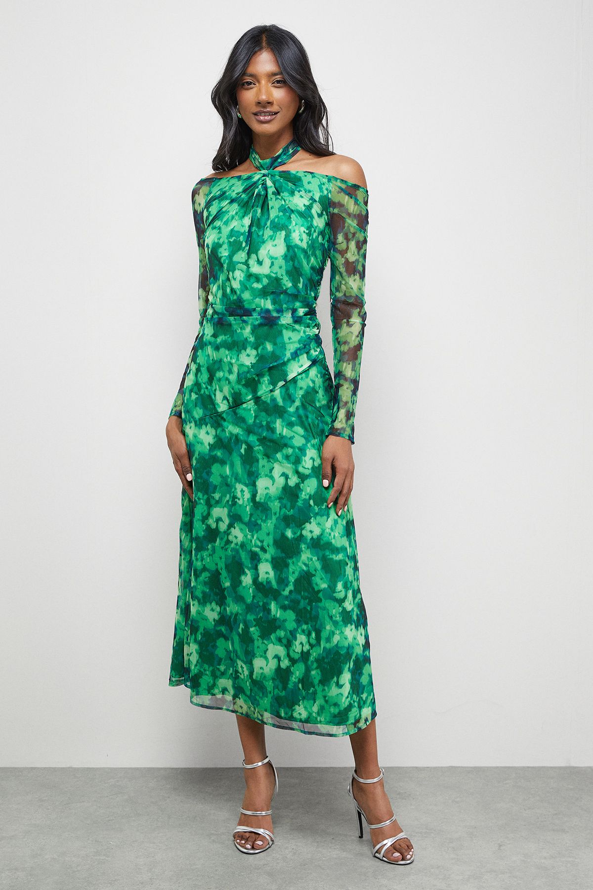 Warehouse Print Twist Mesh Midi Dress Green image 1
