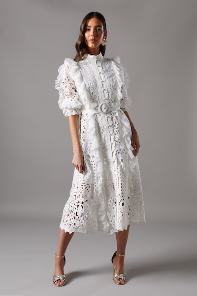 Coast Lace Ruffle Shirt Dress With Tie White