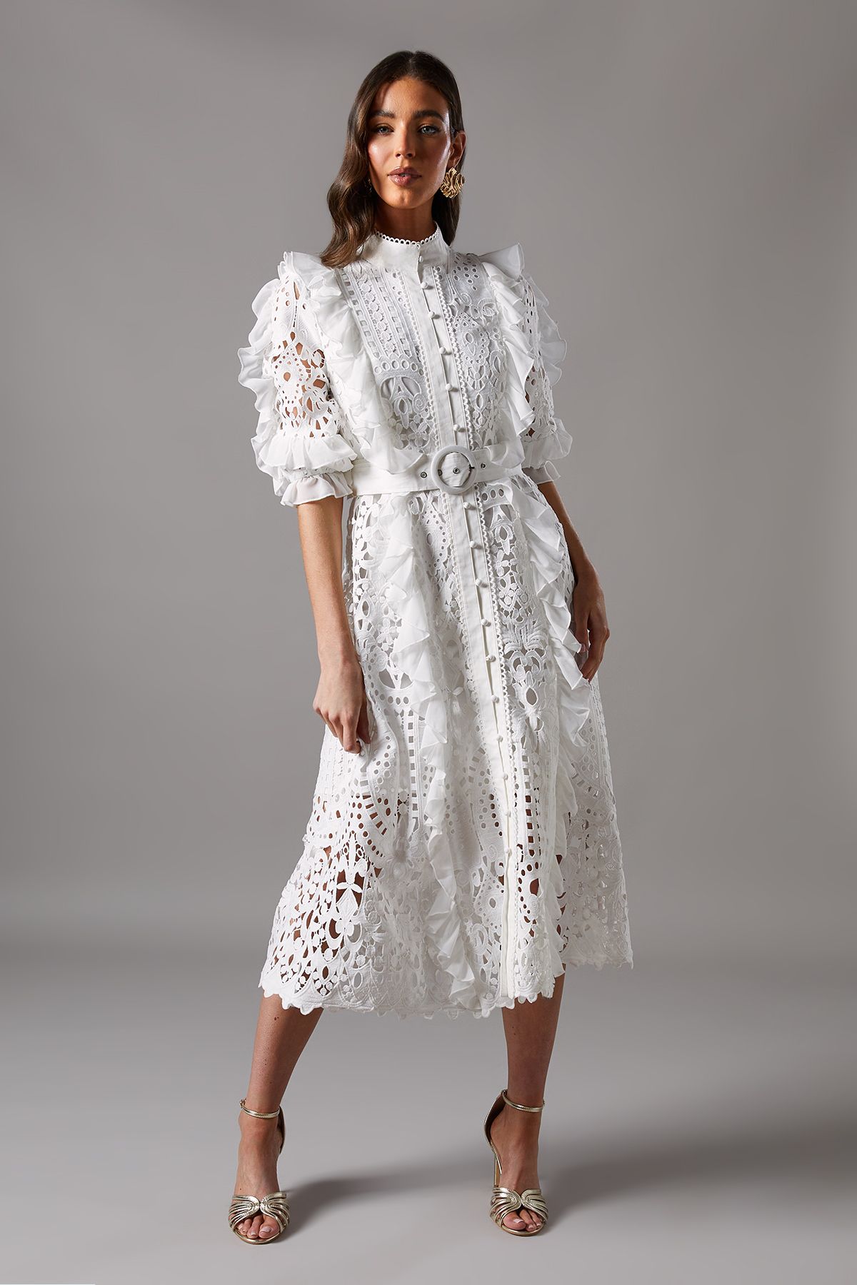Coast Lace Ruffle Shirt Dress With Tie White image 1
