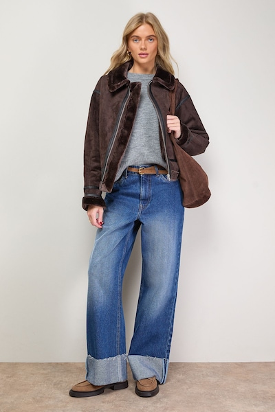 Oasis Zip Through Faux Leather Short Aviator Jacket Chocolate