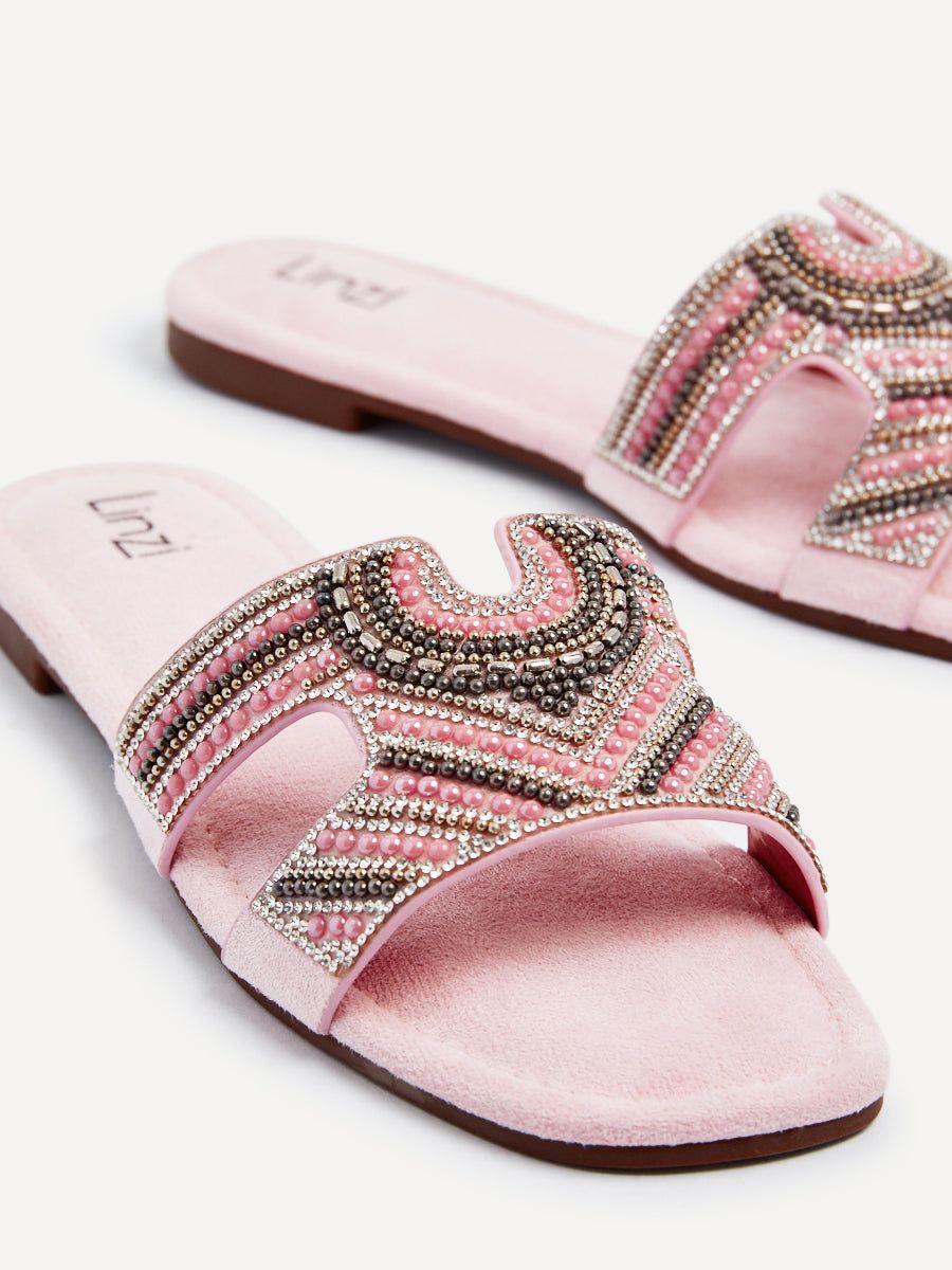 Linzi Indira Baby Pink Suede Aztec Design Embellished Slider Sandal image 4
