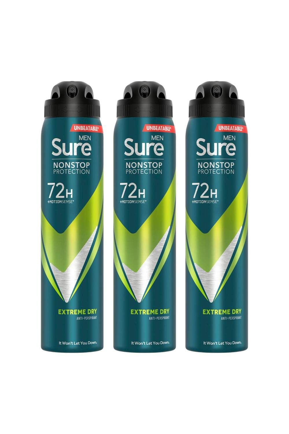 Sure Men 'Antiperspirant' 72H Protection Extreme Dry Deodorant, 3x250ml image 1