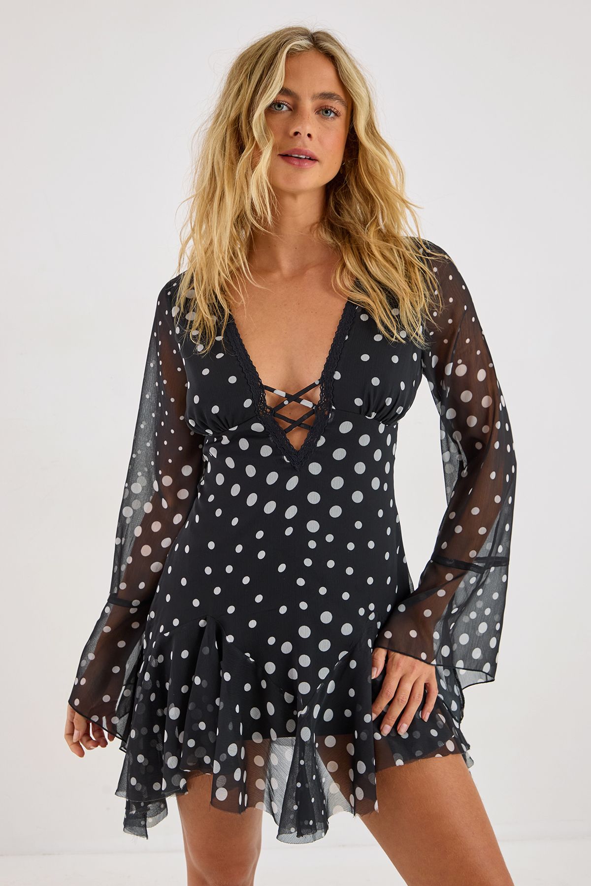 NastyGal Polka Dot Godet Hem Fluted Sleeve Mini Dress Black