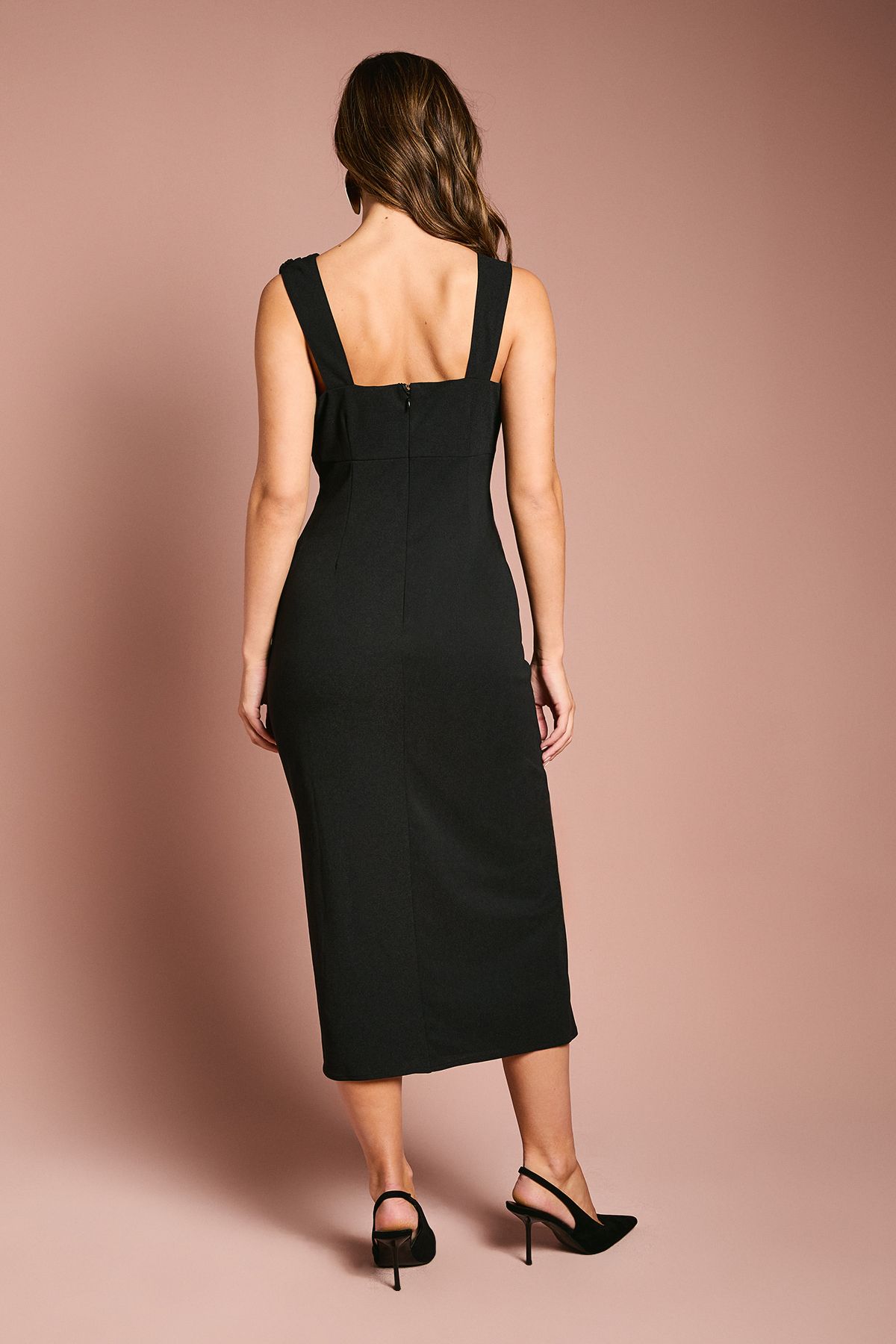 Coast Strappy Mix Fabric Pencil Midi Dress Black image 4