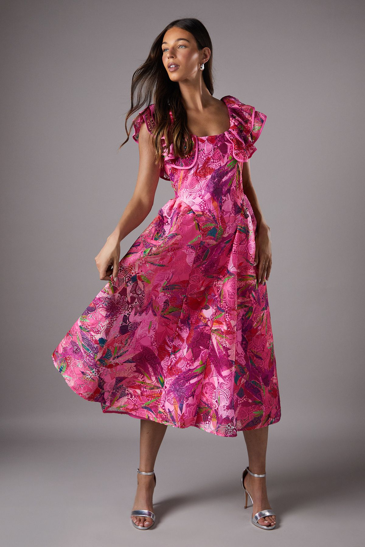 Coast Printed Broderie Frill Sleeve Midi Holiday Dress Pink image 1