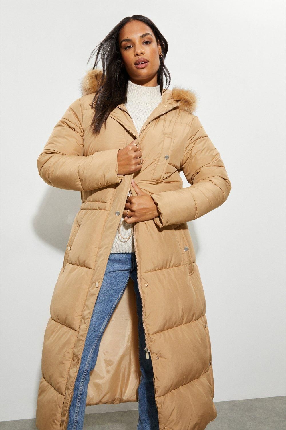 Dorothy Perkins Maxi Faux Fur Hood Padded Coat Camel image 2