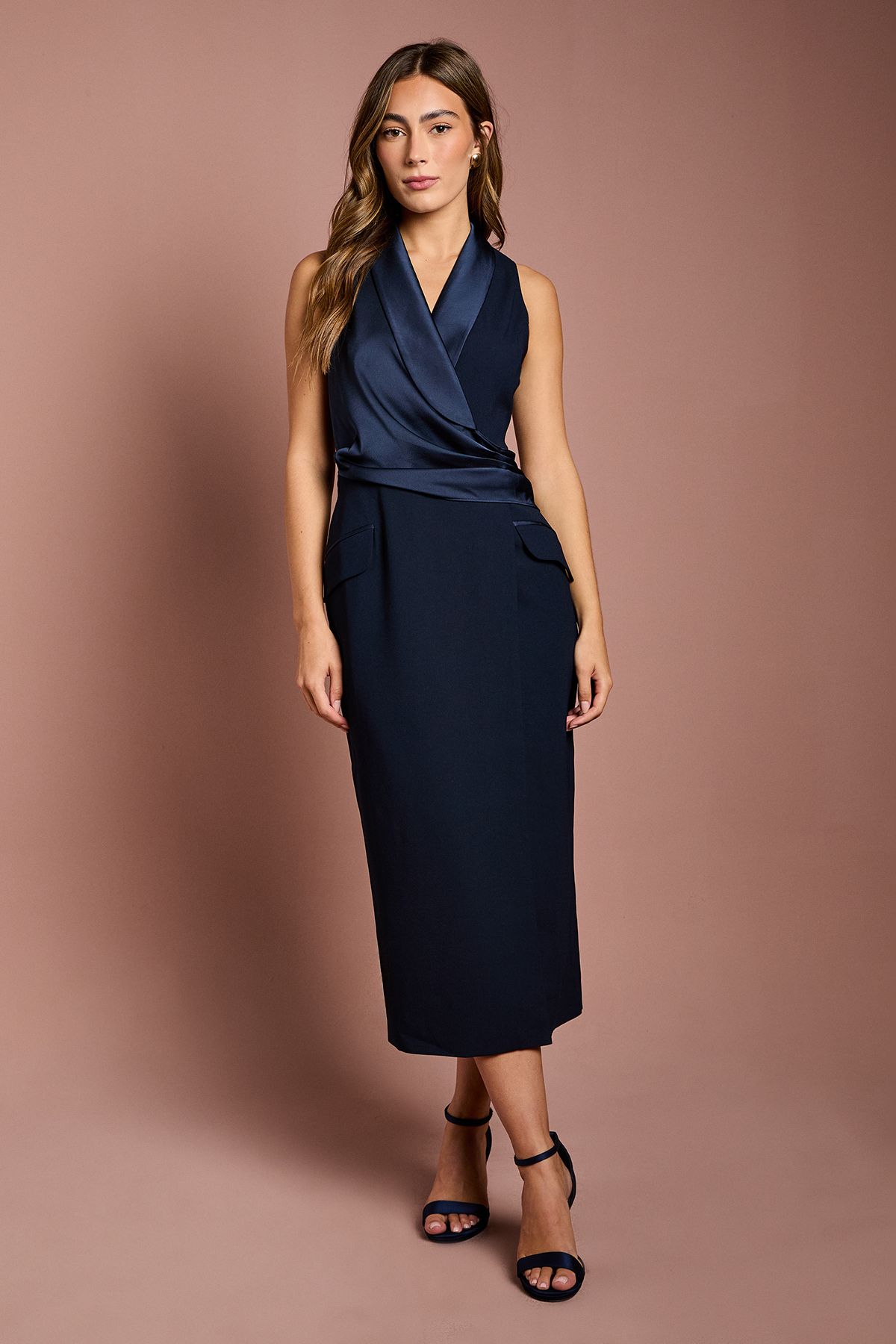 Coast Sleeveless Crepe Satin Wrap Midi Dress Navy
