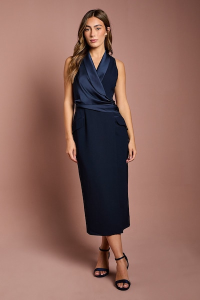 Coast Sleeveless Crepe Satin Wrap Midi Dress Navy