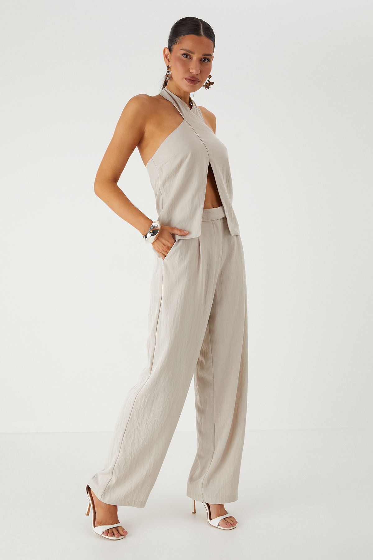 MissPap Twill Wide Leg Tailored Trouser Stone image 2