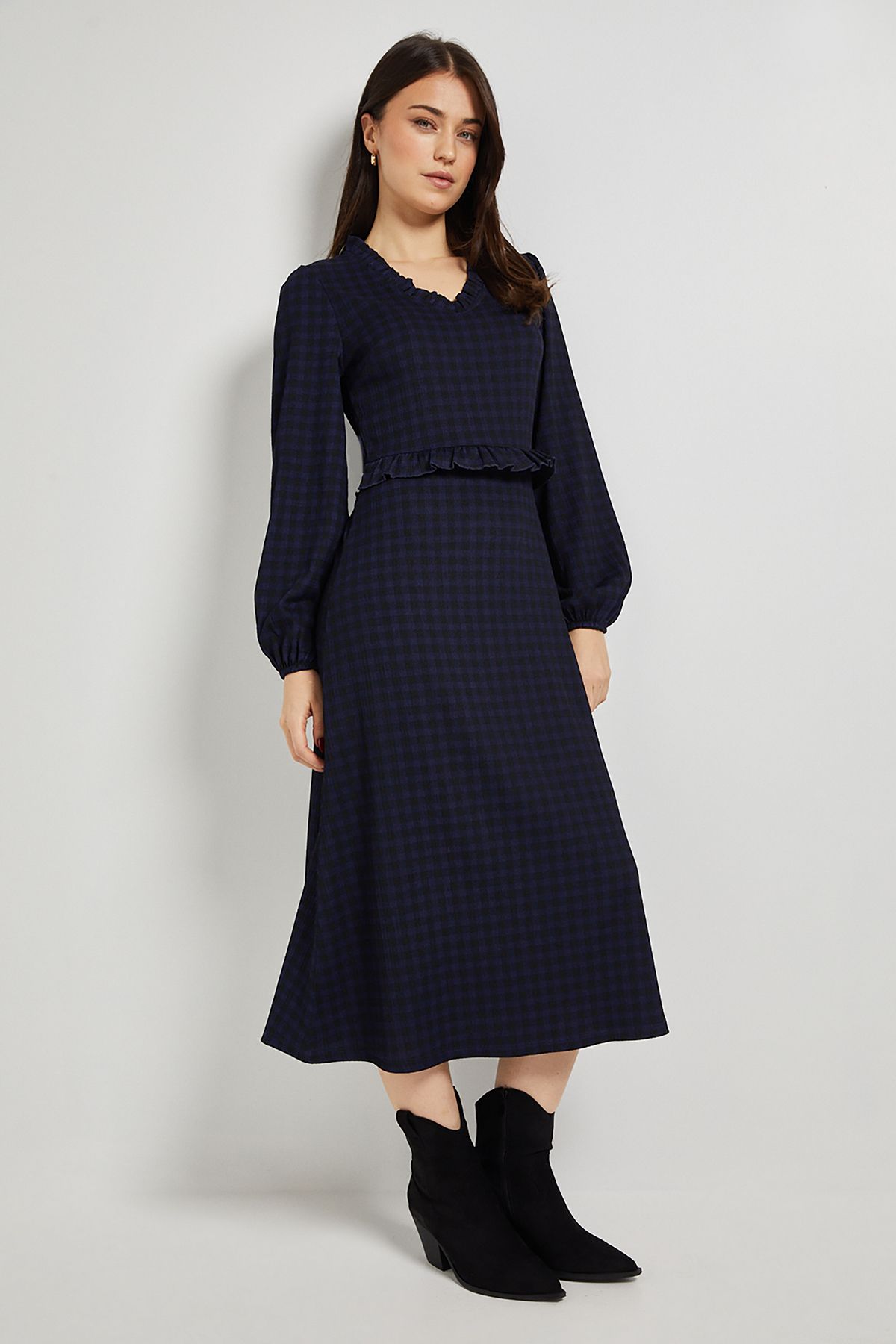 Dorothy Perkins Gingham Frill Scoop Neck Blouson Sleeve Jersey Midi Dress Gingham image 4