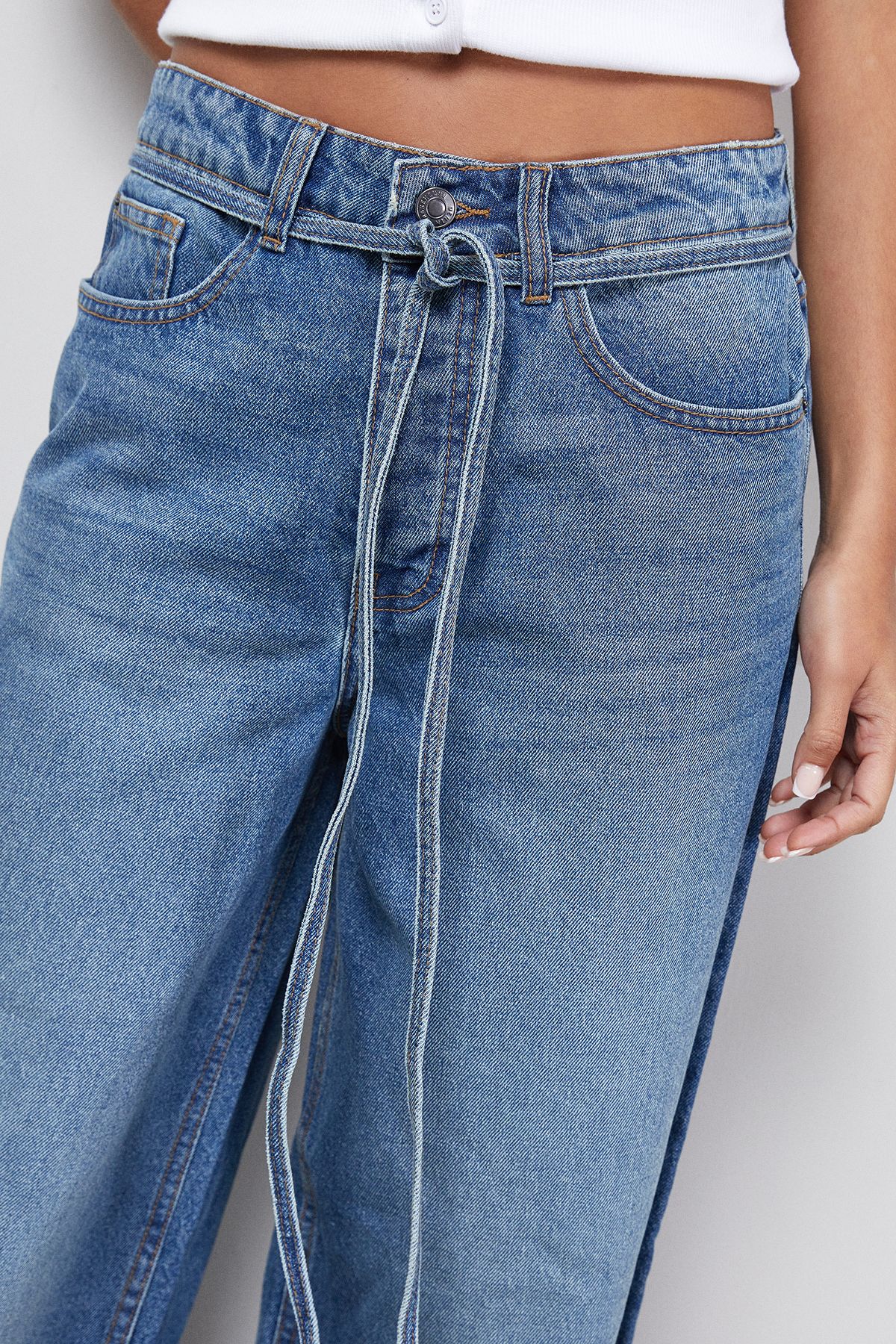 Warehouse Tie Waist Wide Leg Denim Jean Vintage Wash image 4