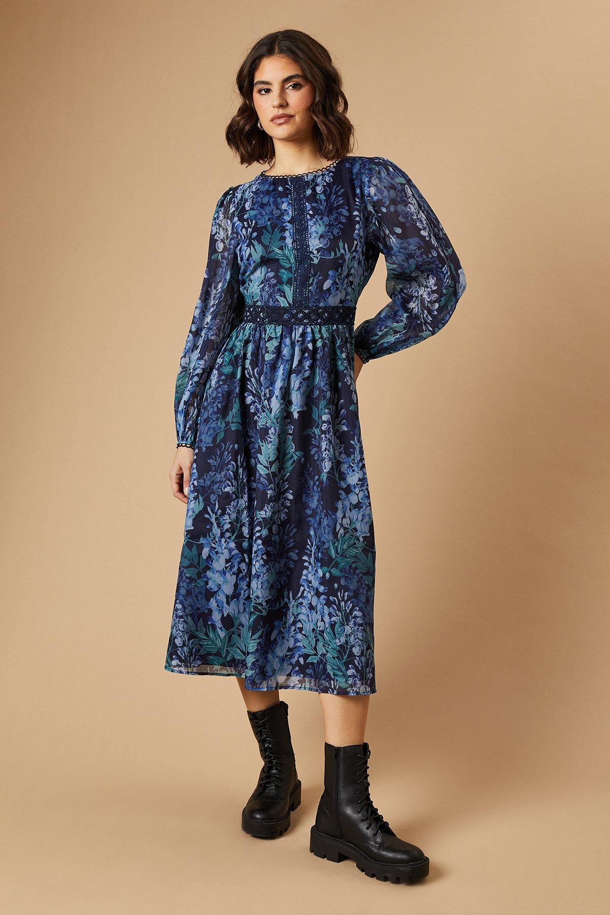 Oasis Floral Printed Organza Lace Trim Midaxi Dress Navy image 1