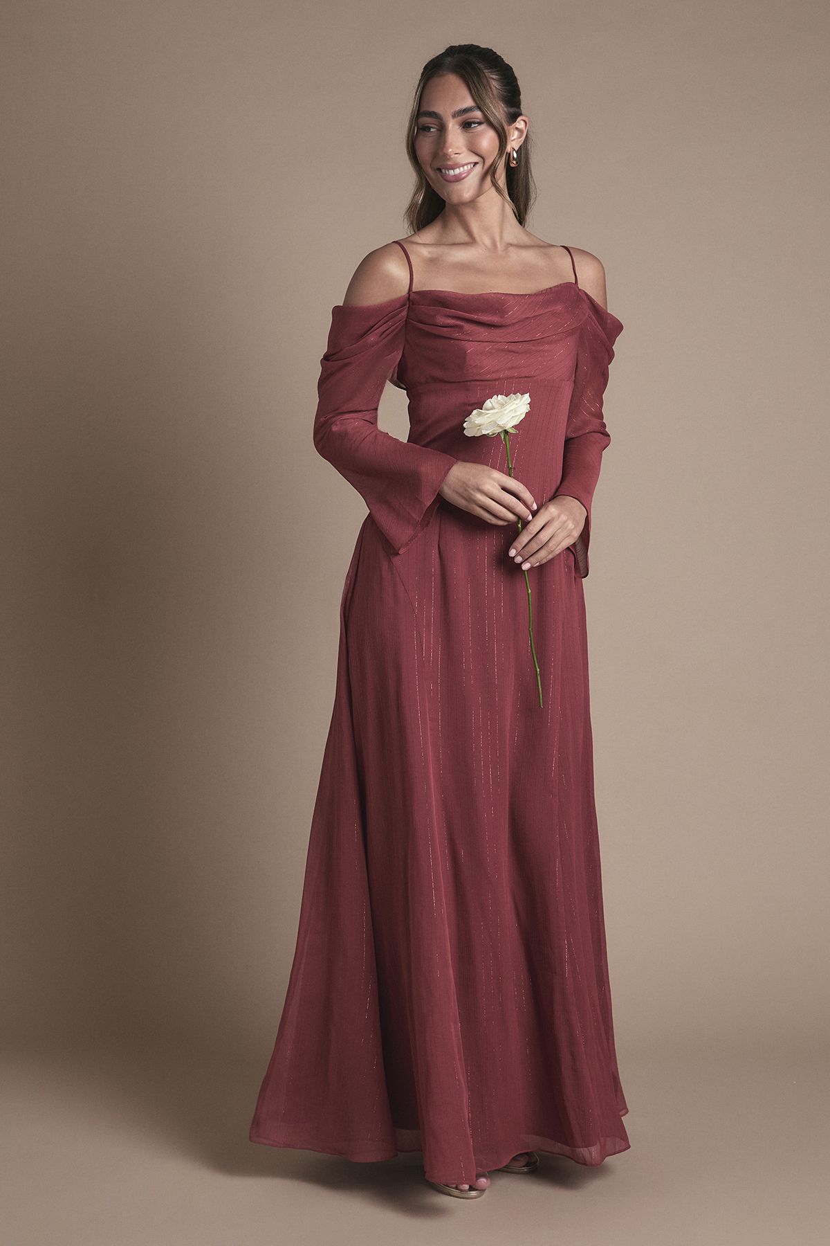 Coast Long Sleeve Cold Shoulder Ruffle Detail Maxi Bridesmaid Dress Antique Rose