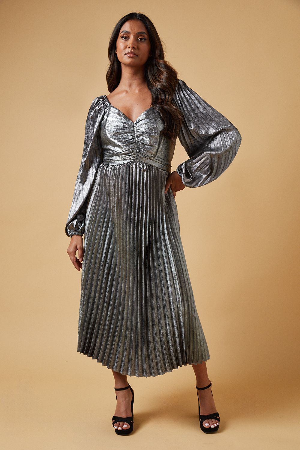 Oasis Occasion Pleated Metallic Midi Dress Silver image 1