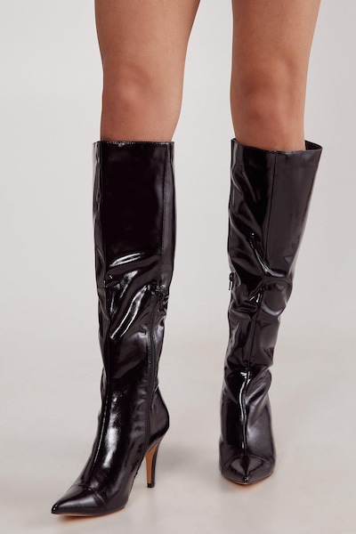 NastyGal Faux Leather Knee High Pointed Boot Black