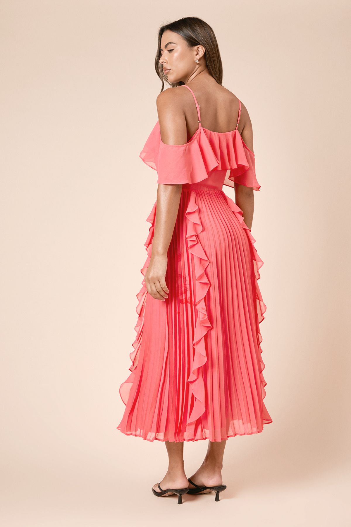 Dorothy Perkins DP Luxe Ruffle Front Cold Shoulder Midi Dress Coral image 5