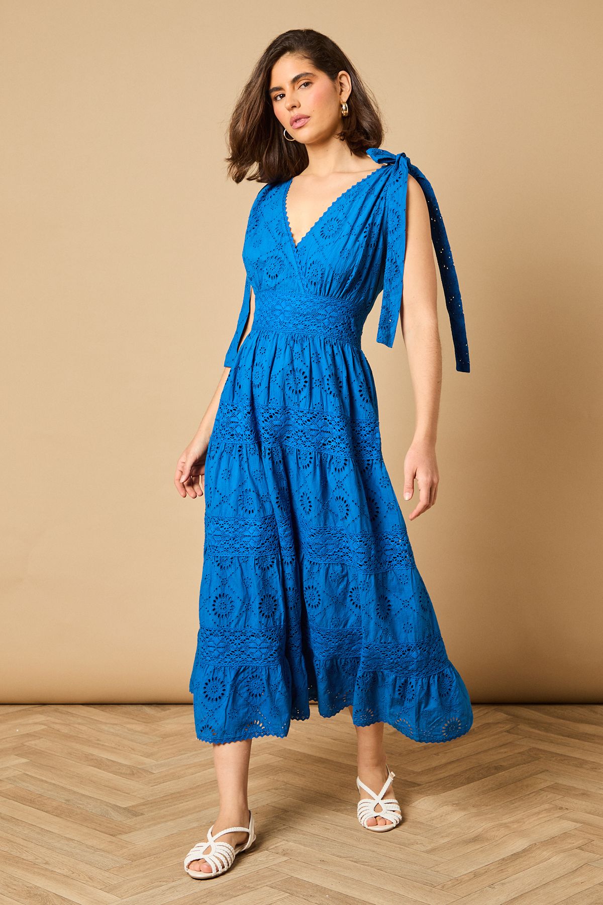 Oasis Tie Shoulder V Neck Broderie Midi Dress Blue image 1