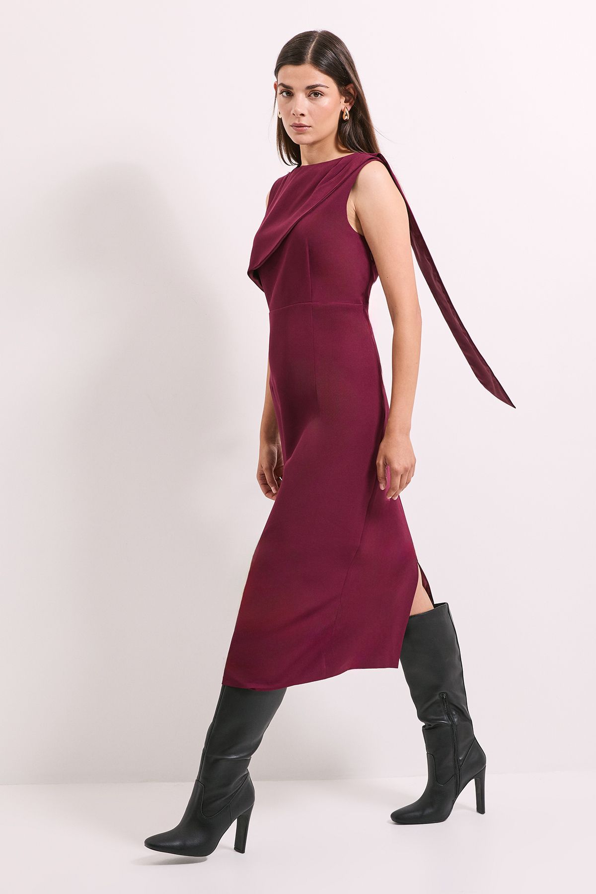 Principles Wine Caped Column Crepe Midi Dress Wine