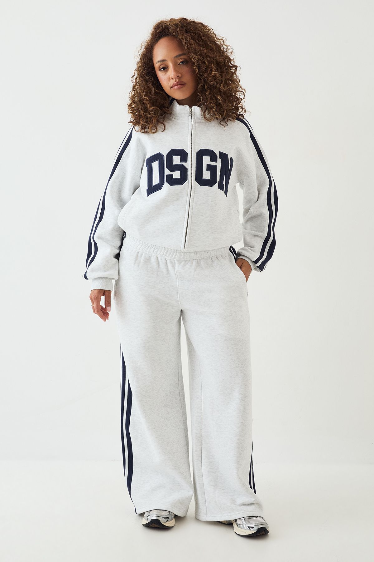 DSGN Studio DSGN Side Stripe Funnel Neck Zip Through Bomber Tracksuit Ash Grey image 1