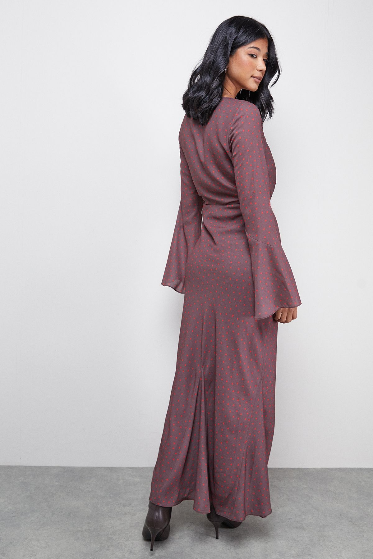 Warehouse Premium Georgette Ruched Front Flutter Cuff Maxi Dress Chocolate image 3