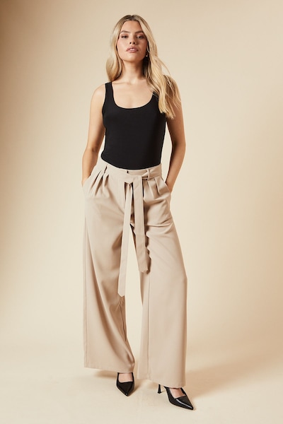 Dorothy Perkins Pleated Belted Wide Leg Trouser Stone
