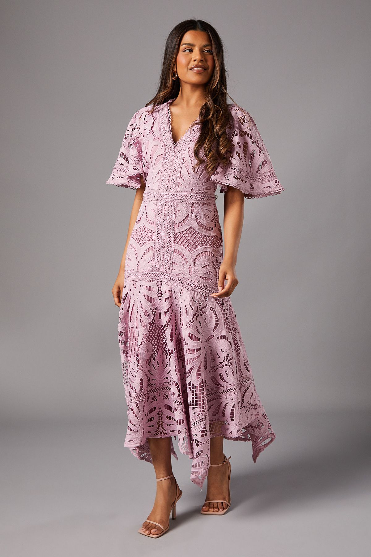 Coast Petite Placement Lace Hanky Hem Dress Lilac image 1