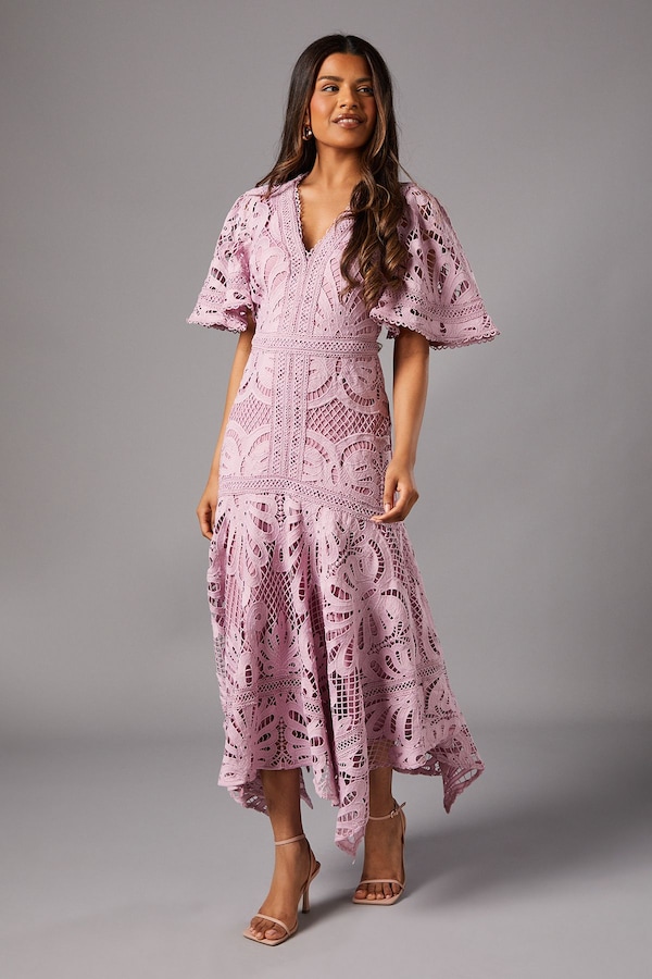 Coast Petite Placement Lace Hanky Hem Dress Lilac